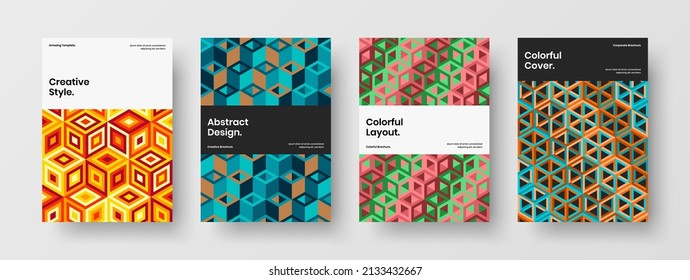 Colorful geometric pattern annual report illustration collection. Isolated company cover vector design template set.