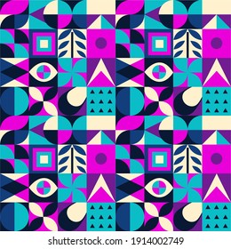 bunter geometrischer Musterhintergrund. oder Bauhaus-Geometrie, Neogeo-Druckdesign - einfache, sich wiederholende Linien und Formen