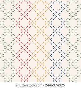 Colorful geometric pattern. Bright seamless pattern with diamonds, rhombuses, dotted lines. Abstract graphic ornament for wallpaper, fabric, linen, kids textile, scrapbook