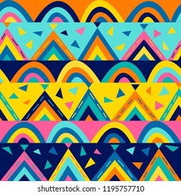 Patrón geométrico colorido para niños, vector. Textura transparente brillante con elementos geométricos divertidos