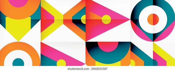 A colorful geometric pattern with circles and triangles in symmetry on a white background, showcasing a creative mix of shapes and tints