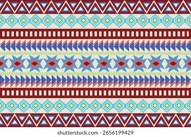 colorful geometric pattern composed of horizontal rows featuring a variety of repeating shapes. The design includes bold red triangles, blue diamonds, green and turquoise motifs, and rectangular block
