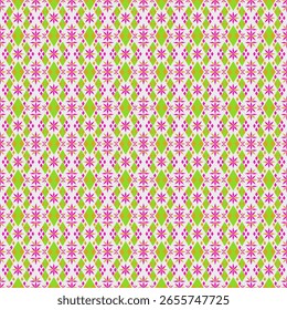 A colorful geometric pattern consisting of green and yellow diamond shapes, interspersed with pink star-like flowers, arranged in a symmetrical order. Suitable for textile, fashion, wallpaper