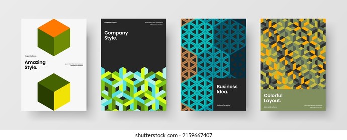 Colorful geometric pattern corporate brochure layout set. Abstract journal cover A4 design vector template composition.