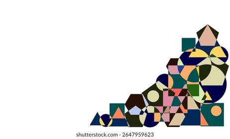 Um design de padrão geométrico colorido com triângulos e formas em arranjo de canto, Este conteúdo foi criado usando ferramentas de desenho vetorial e software, não gerado pela IA