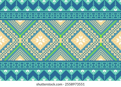 A Colorful geometric pattern with diamonds and floral motifs in blue, green, and beige tones, perfect for textiles or backgrounds