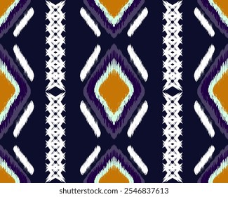 Colorful geometric pattern with diamonds and stripes in navy blue background. Ideal for textiles and wallpapers.
