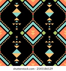 Colorful geometric pattern with diamonds and triangles on black background, featuring vibrant colors like orange, blue, and green, creating lively and modern design.