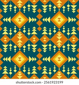 A Colorful geometric pattern with diamonds, triangles, and leaves in yellow, orange, and teal. Perfect for textiles, wallpapers, or modern decor