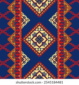 Colorful geometric pattern with diamonds and zigzag designs on blue background, showcasing vibrant red, yellow, and cream tones.