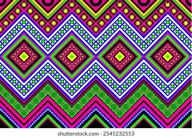  A colorful geometric pattern with diamonds, zigzags, and floral motifs in pink, green, and yellow on a black background.