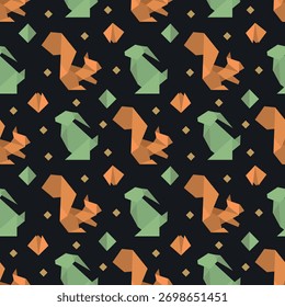 Padrão geométrico colorido com animais como esquilos e coelhos em estilo poligonal, perfeitamente dispostos contra um fundo escuro. Ideal para projetos de design modernos.