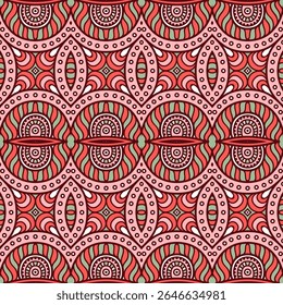 A colorful geometric pattern featuring circular motifs and intricate designs, suitable for textiles or wallpapers.