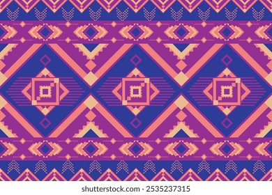 A colorful geometric pattern featuring layered diamond shapes and intricate tribal designs in bold pink, blue, and orange, arranged symmetrically in repeating rows