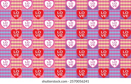 Colorful geometric pattern featuring "LOVE" text within hearts. Perfect for Valentine's Day, romantic designs, or retro-themed projects.