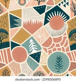 Colorful geometric pattern featuring nature elements in a modern design style