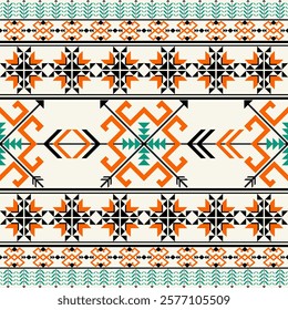 a colorful geometric pattern featuring orange, black, and green motifs. The design includes arrows, stars, and floral elements arranged in horizontal symmetrical bands. Vector ethnic geometric pattern