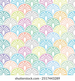 Um padrão geométrico colorido com elementos sobrepostos em forma de leque em várias tonalidades pastel.O design evoca uma sensação de frescura e leveza, ideal para têxteis, papéis de parede ou fundo