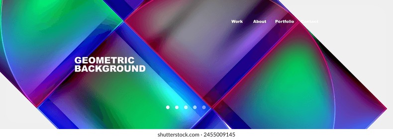 A colorful geometric pattern featuring squares in shades of azure, purple, violet, magenta, and electric blue on a white background. Triangles and rectangles add depth to the design