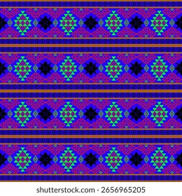 Patrón geométrico colorido con diamante simétrico, triángulo y Formas abstractas en tonos vibrantes de púrpura, rojo, amarillo y naranja. Inspirado en motivos tribales y étnicos, este diseño sin costuras 