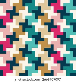 A colorful geometric pattern featuring various shapes and colors, suitable for backgrounds or textile designs.
