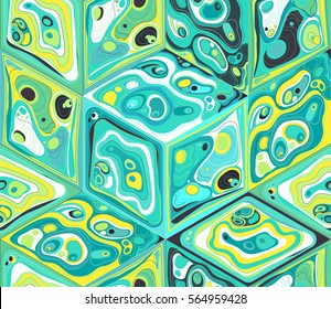 Colorful geometric pattern with hand drawn hexagonal texture in psychedelic colors and style. Artistic repeating background perfect for prints, wrapping paper and wallpaper. Vector seamless pattern.