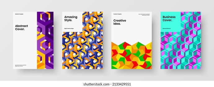 Colorful geometric pattern handbill concept collection. Multicolored journal cover A4 vector design illustration bundle.