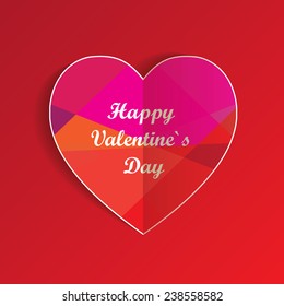 colorful geometric pattern heart shaped folded paper with happy valentine`s day message isolated on red background