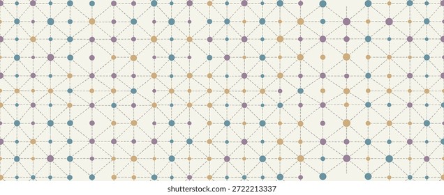 Padrão geométrico colorido com pontos interconectados e linhas tracejadas formando uma rede complexa
