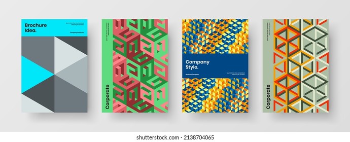 Colorful geometric pattern journal cover concept set. Original presentation design vector template bundle.