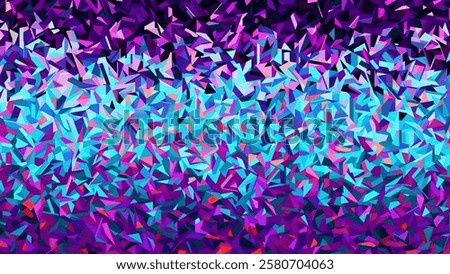 Colorful geometric pattern mosaic filled with vibrant triangular shapes of of deep purple and bright cyan neon color. Colorful futuristic digital artwork with sharp angular fragments or shards. Vector