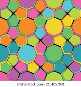 Colorful geometric pattern in mosaic style. Composition of pentagons and octagons with vivid neon colors. Vector seamless illustration, great for textile and wrapping paper.