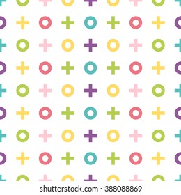 Colorful geometric pattern of noughts and crosses. Vector seamless background.
