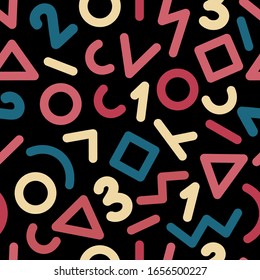 Colorful geometric pattern on black background. Minimal cover template design. Modern abstract background with bright geometric shapes. Vector endless texture for your design, cards, posters, textil.