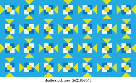 Colorful geometric pattern on a light blue background, featuring repeating windmill-like shapes made of triangles and squares