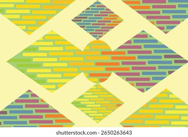 Colorful, geometric pattern of overlapping shapes filled with repeating brick-like elements in various shades.