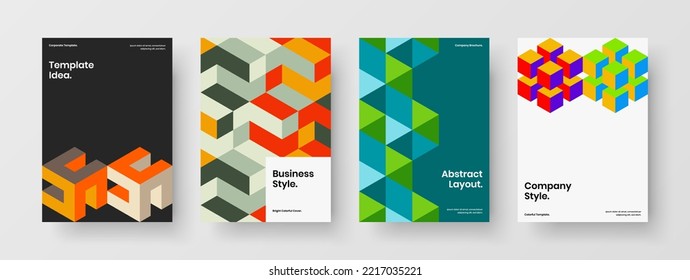 Colorful geometric pattern pamphlet template bundle. Multicolored company identity A4 design vector concept collection.