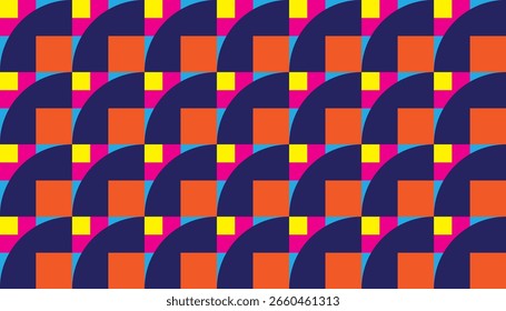 Colorful geometric pattern with quarter circles and squares in bold retro tones of blue, orange, magenta, and yellow