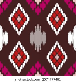 A Colorful geometric pattern with red, pink, and white shapes on brown background. Ideal for textiles or wallpapers