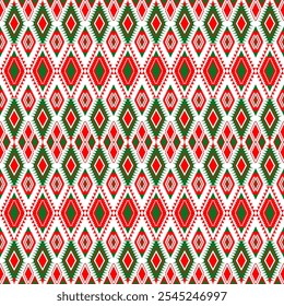 A colorful geometric pattern with repeating bands of diamonds and chevrons in red and green on a white background.