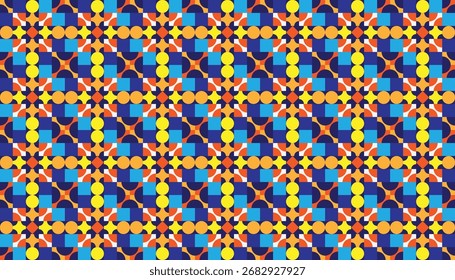 Patrón geométrico colorido - Fondo Abstractas sin fisuras en azul, naranja y amarillo. Un vibrante patrón geométrico sin fisuras con tonos azules, naranjas, amarillos y rojos