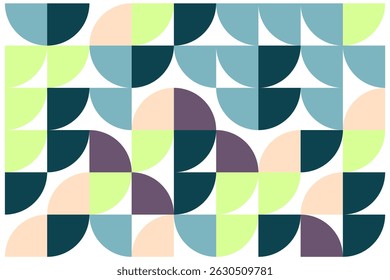 Padrão geométrico colorido com semicírculos e círculos trimestrais em verde, azul, roxo e bege em fundo branco sem costura.