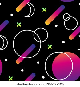 Colorful geometric pattern with simple geometric shapes and gradients. Trendy seamless pattern, black background. Seamless memphis pattern. Modern futuristic pattern and background.