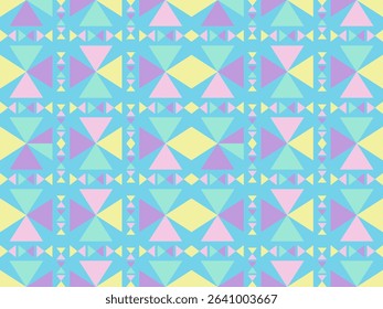 A colorful geometric pattern of triangles and diamonds in pastel shades of blue, pink, green, and yellow, arranged in a symmetrical, repeating design.