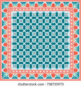 Colorful geometric pattern, tribal ethnic ornament with frame border. Abstract graphic art, embroidery background. Bandanna, shawl, scarf, tablecloth design for textile fabric print