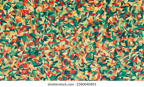 Colorful geometric pattern with vibrant randomly arranged triangular shapes blending fresh rich tones. Abstract geometric artwork inspired by spring and summer warm and cool tones. Vector background