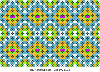 A Colorful geometric pattern with vibrant shapes and contrasting colors, featuring diamonds and circles in repetitive design. Perfect for textiles or backgrounds