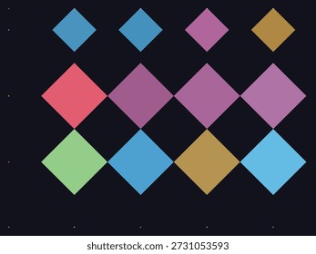 Colorful geometric pattern with vibrant squares arranged in a dynamic grid on a sleek black textured background, modern minimalist style with bold contrasting shapes