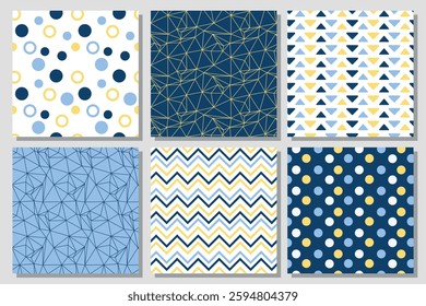 Colorful geometric patterns with circles, triangles, and chevrons in blue and yellow shades suitable for modern design projects