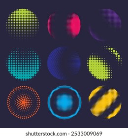 Colorful geometric patterns featuring circular designs arranged in a grid on a dark background